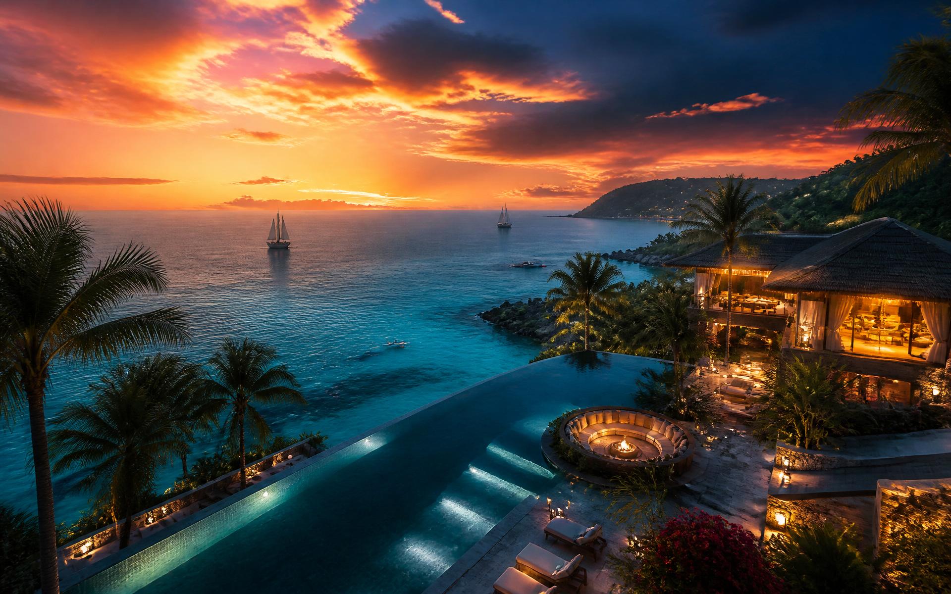Luxury oceanfront resort at golden hour